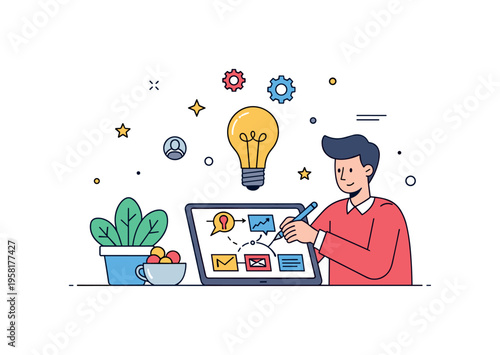 Business idea creation founder sketching a new concept on a tablet while a glowing lightbulb and small gears float above the screen. The composition represents