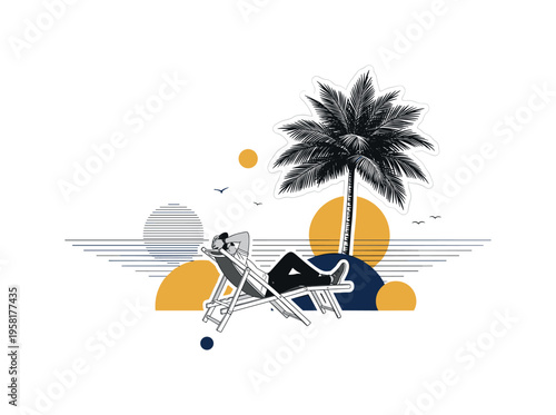 black and white traveler relaxing in lounge chair under tropical palm representing exclusive destination getaway, cut-out collage look with white outline,