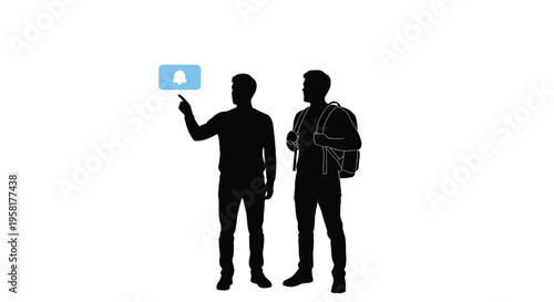 Minimalist silhouette of two men interacting with notification icon, male figures with backpack and bell alert button, social media concept vector