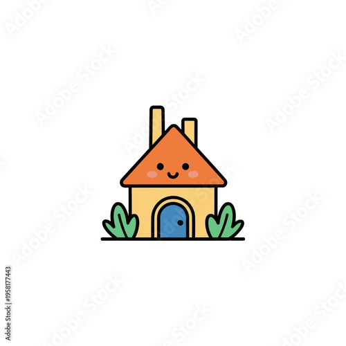 A cartoon house with a smiling face.