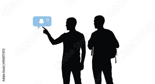 Social media notification silhouette vector, men interacting with digital bell icon, mobile app alert and communication concept