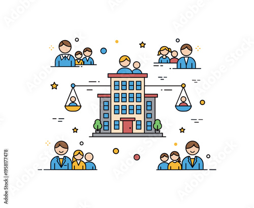 Diversity and inclusion commitment office building framed by multiple simple human icons in different positions. A balanced concept badge expressing equity,