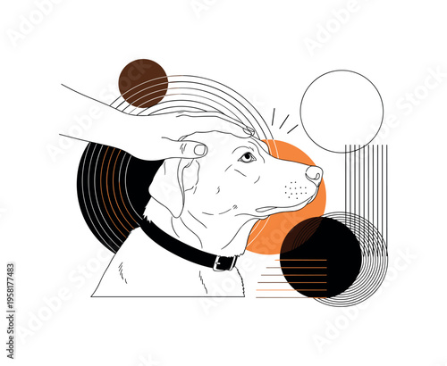 human hand petting dog abstract circles lines and geometric shapes representing affection and companionship black and white retro hand and dog with white