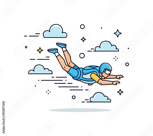 Skydiver extreme adventure moment with a parachute opening in the sky while a figure glides downward symbolizing courage and thrill seeking experiences. Small