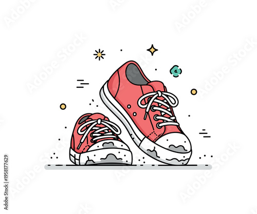 Scuffed shoes travel memories a pair of slightly damaged sneakers with dusty soles while tiny motion marks hint at long walks and countless everyday journeys.