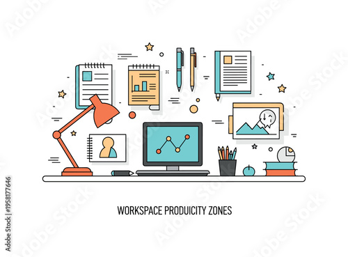 Workspace productivity zones a desk scene where different work tools are grouped into dedicated sections representing planning, execution and