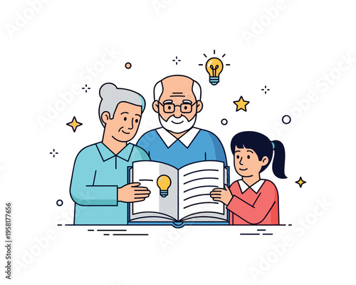 Knowledge transfer between generations represented by an open book shared by an older mentor and a curious young learner. Small lightbulb and star accents