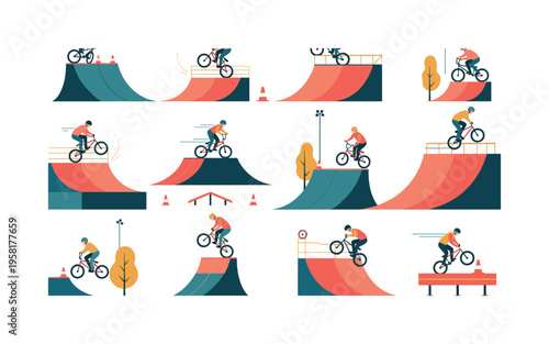BMX stunt arena seamless pattern, bikers performing flips jumps spins and tricks with ramps cones and motion lines arranged in a repeating pattern, white