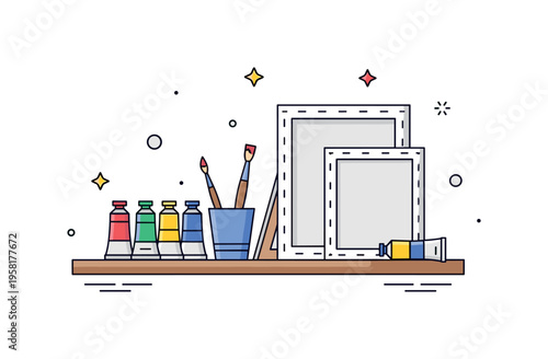 Artist painting setup a tidy table with colorful paint tubes, a brush cup and a leaning canvas panel expressing the quiet anticipation before starting a new