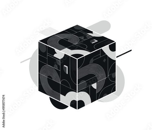 geometric cube with hard texture abstract semicircles lines and geometric blocks symbolizing solid and rigid materials black and white retro cube object with