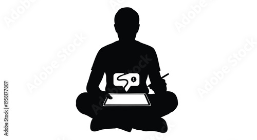 Digital artist silhouette sitting cross-legged, creative designer using graphics tablet and stylus, illustrator working on mobile device vector