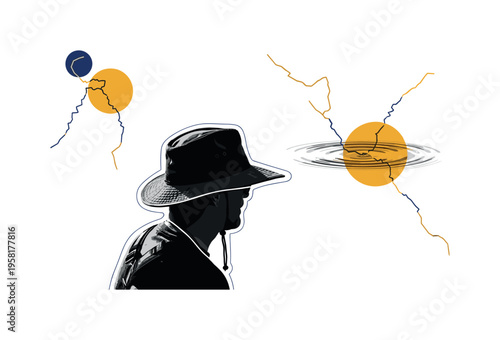 black and white fisherman wearing hat shading eyes while watching the lake surface, cut-out collage look with white outline, floating geometric circles and