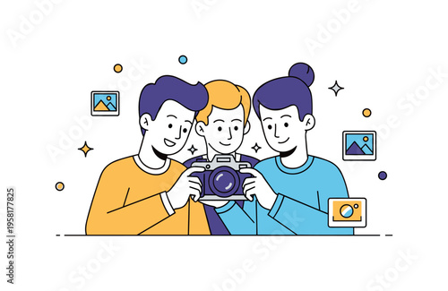 Photography learning moment friends reviewing a freshly taken photo on a camera while tiny sparkle accents emphasize excitement and creative discovery. Visual