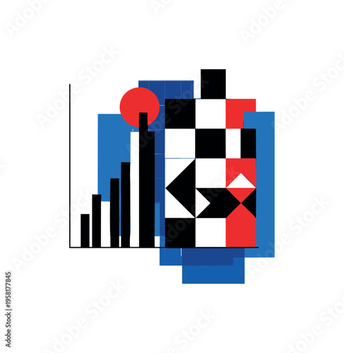 Black and white fragmented bar chart transforming into geometric blocks on one side, vivid red circle marking focal data peak, thin vertical and horizontal