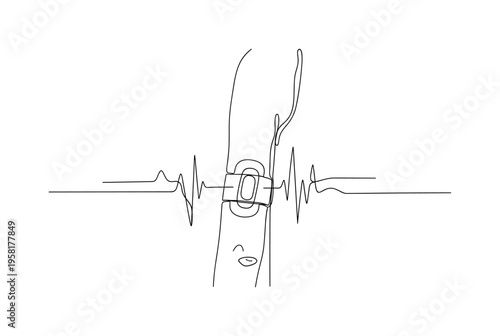 Medical Wearable Patch. Minimalistic one-line drawing wearable medical patch applied to arm tracking vital signs, continuous single black line on white