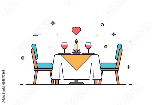 Date night dinner illustrated by a cozy table with two chairs, a candle centerpiece, and a small heart icon above. Warm romantic visual capturing connection,