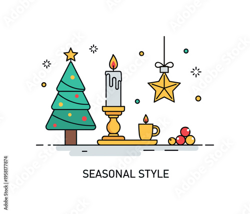 Elegant Christmas decor arrangement featuring a tree, candle holder and hanging star ornament. Balanced composition and a compact ?Seasonal Style? caption