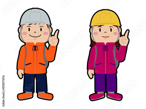防災対策を呼びかけるヘルメット姿の男女イラストセット