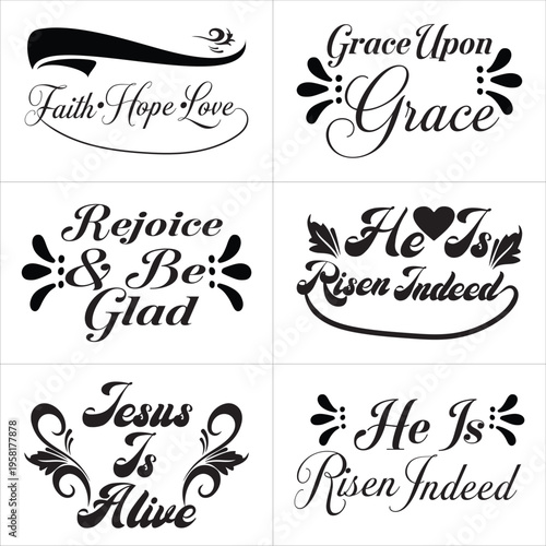 Easter Christian  Quotes  Color dark black and white set. Minimal black  white dark color Easter Christian  quote set featuring resurrection messages for clean, elegant religious designs and printing.