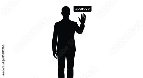 Businessman silhouette with approve button, professional man in suit making a decision, black and white vector of male figure giving approval