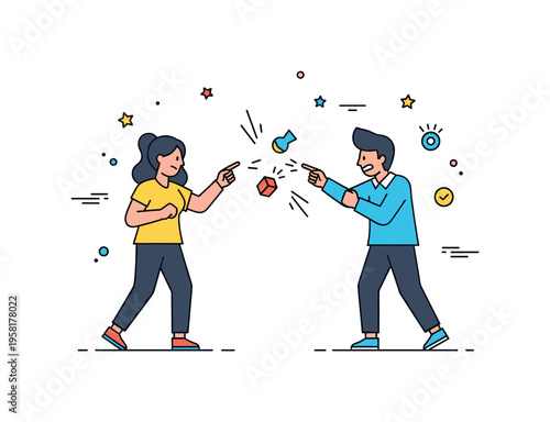 Playful fight between friends with small comic-style motion lines and exaggerated gestures, two figures standing apart with tiny objects floating between them,