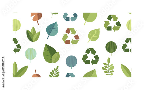 green design inspiration leaves recycled symbols paper textures and plant fibers arranged as eco conscious decorative elements, flat vector friendly shapes,