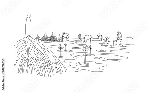 Mangrove Eco Scene. Minimalistic one-line drawing coastal restoration effort with mangrove saplings and people planting, continuous single black line on white