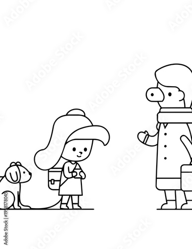 Cartoon girl with dog and man.