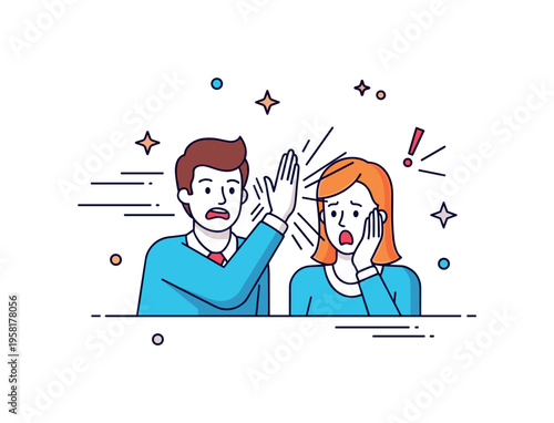 Soap opera dramatic slap moment one character raising a hand while the other reacts in shock with motion lines and a small exclamation symbol capturing the