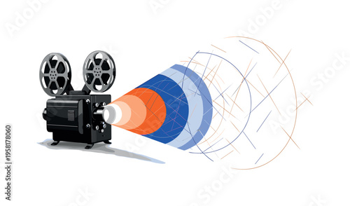 black and white retro film projector emitting flickering frames of light, layered circular halos and thin diagonal lines suggesting cinematic motion, cobalt