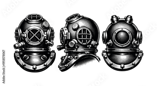 Deep Sea Diving Helmet ? vintage commercial diver helmet. A vintage commercial deep sea diving helmet with air valve fittings and reinforced seams depicted as