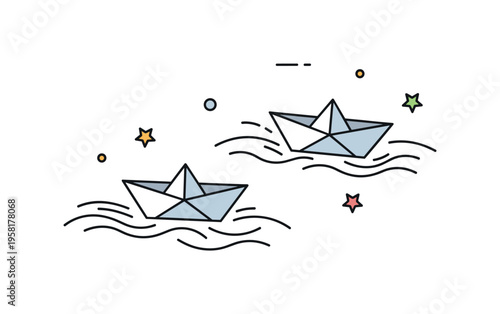 Childhood paper boat race illustrated by a pair of simple paper boats gliding across a small stream while gentle wave lines show their motion. Playful outdoor
