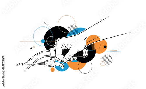 human hand gripping chair edge abstract semicircles lines and geometric blocks symbolizing tension and fear response black and white retro hand object with