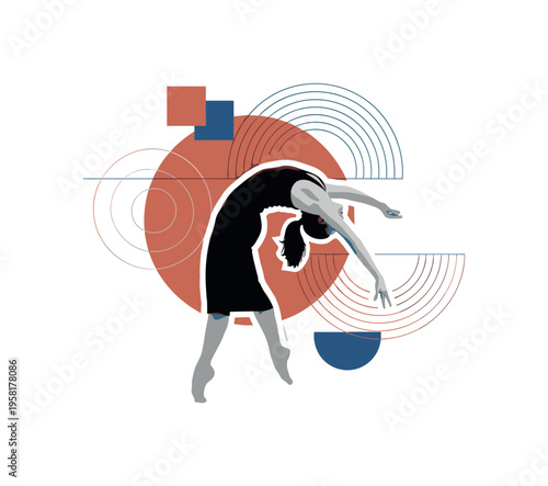 surreal dance composition with a black and white dancer arching backward dramatically, cut-out collage with white outline around the figure, bold terracotta