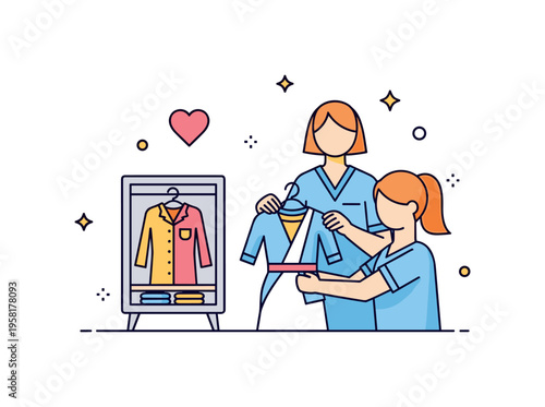 Respectful caregiving support caregiver helping with dressing while a small wardrobe icon and heart symbol suggest patience and thoughtful assistance. The
