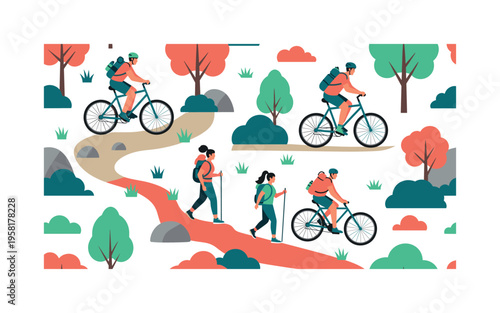 recreational outdoor sports seamless pattern, people cycling and hiking, wearing sports clothes, carrying backpacks and water bottles, trail paths and nature