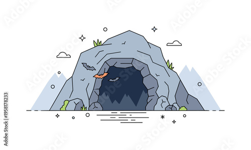 Cave entrance rocky opening in a stylized mountain with soft shadows inside the cavern and small bats flying near the entrance suggesting mystery and