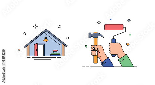 DIY attic renovation hands holding a hammer and paint roller while a small attic room with sloped ceiling forms in the background. The scene expresses personal
