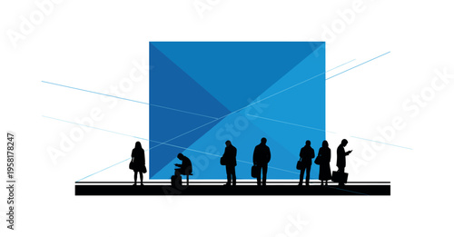 Black and white silhouette of friends playing ball, bold concentric circles behind symbolizing shared joy, abstract flat blocks grounding the lower