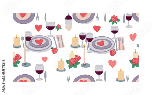 romantic dinner table with candles, plates, wine glasses, hearts and roses in playful layout, seamless pattern, repeating pattern, surface design, textile