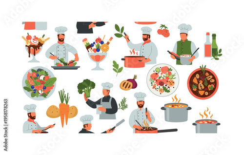 seasonal cooking ingredients seamless pattern, chefs cooking summer salads, cold desserts, winter stews, roasted vegetables, soups and sauces arranged in a