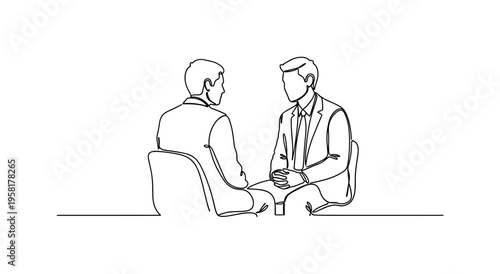 Seeking Support. Minimalistic one-line drawing person sitting and talking to counselor or therapist symbolizing mental health care, continuous single black