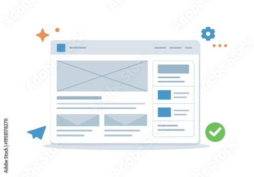 Website wireframe blocks showing a clean page layout with structured rectangles for header, content, and sidebar, communicating clarity, planning, and early