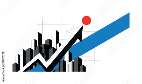 Black and white graph arrow pointing upward emerging from abstract city blocks, red circle placed at the arrow tip symbolizing success milestone, intersecting