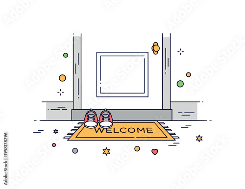 Baby shoes on the doorstep resting neatly beside a small welcome mat at the entrance of a cozy home. Gentle and emotional scene symbolizing new beginnings,