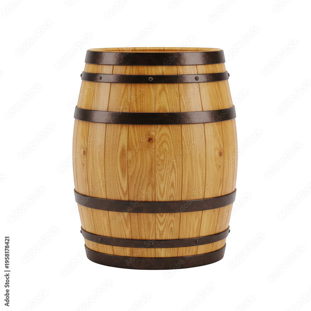Obraz premium 3D rendered wooden barrel with metal hoops isolated on transparent background