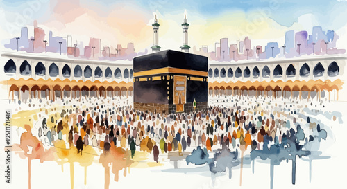 Kaaba Mecca Pilgrims Gathered Around.