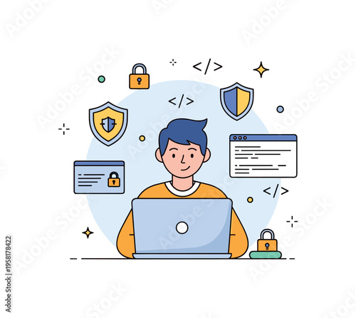 Ethical hacking workflow illustrated by a person typing on a laptop with tiny floating icons of padlocks, shields, and code snippets, subtle stars suggesting