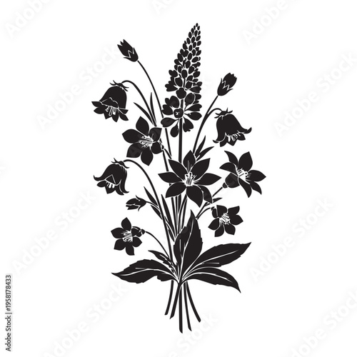 Elegant monochrome botanical bouquet illustration for classic decoration, vintage print, and sophisticated graphic design projects, emphasizing timeless floral beauty