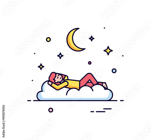 Blissful relaxation shown through a person lying peacefully on a small cloud while a crescent moon and tiny stars float nearby. Calm dreamy visual metaphor of